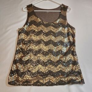 Coldwater Creek Top Womens Large Scoop Neck Brown Gold Chevron Sequin Tank